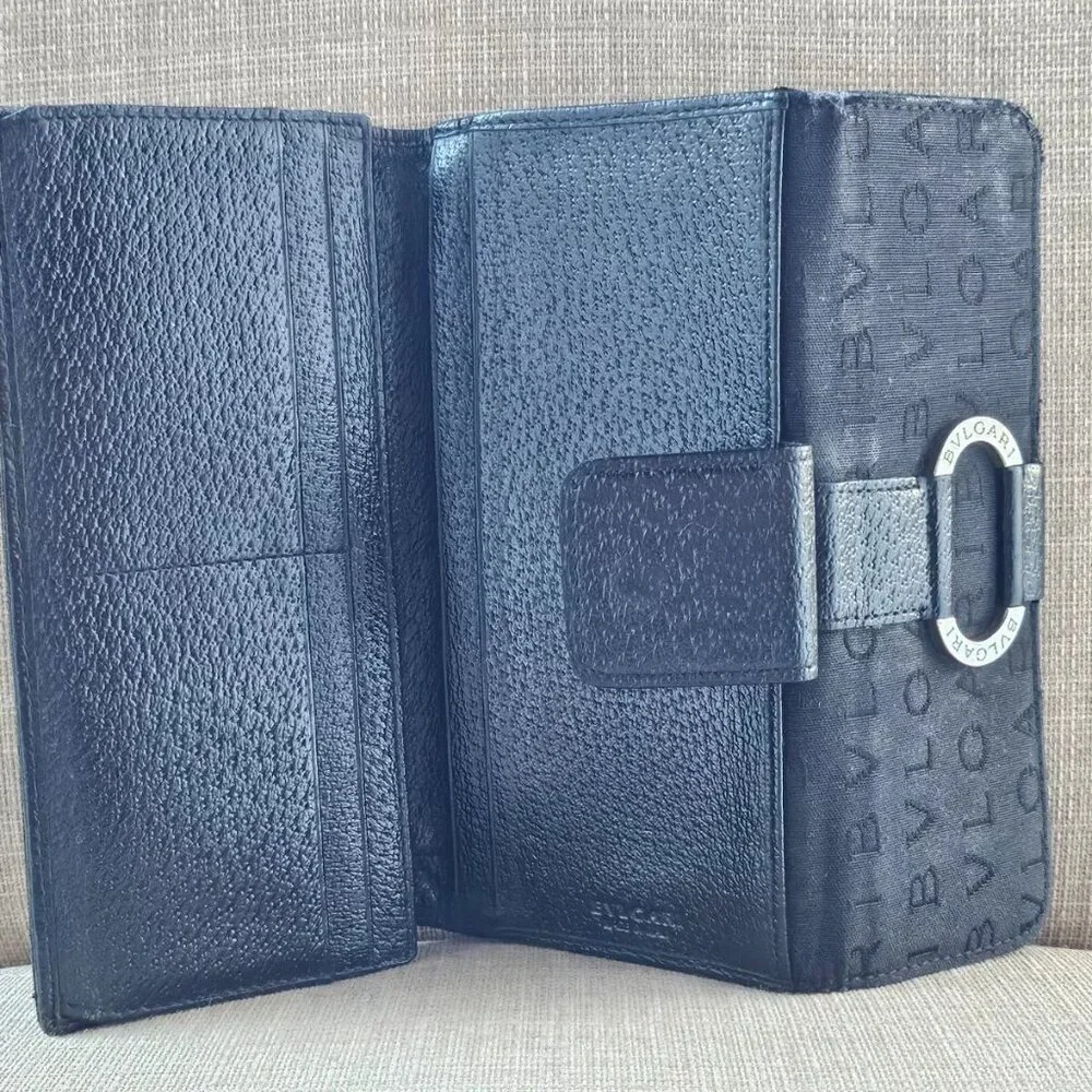 BVLGARI Clutch Long Wallet Card Holder Black Leather/Canvas Bag Purse Made Italy - Picture 6 of 14
